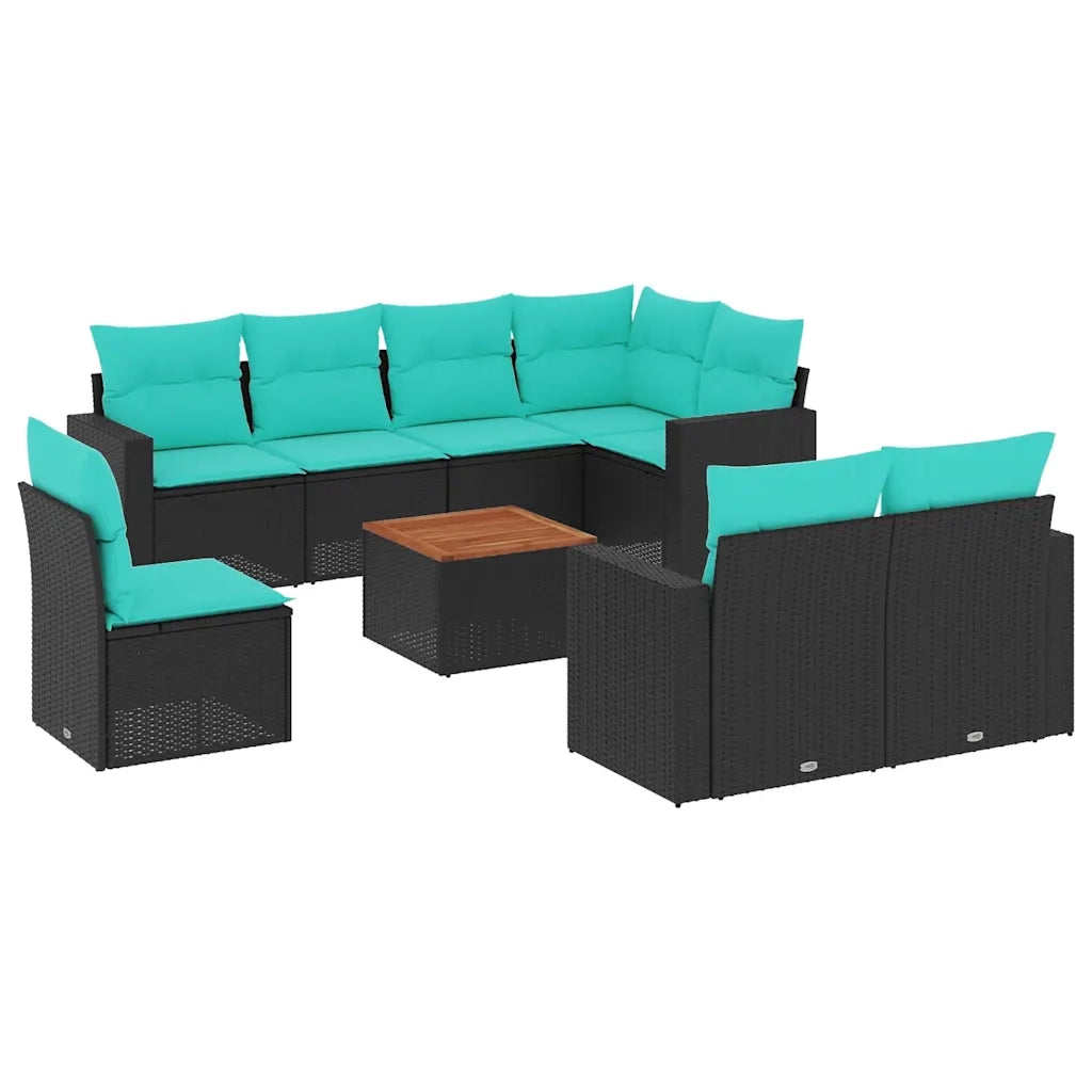 Set Divani da Giardino 9 pz con Cuscini Nero in Polyrattan