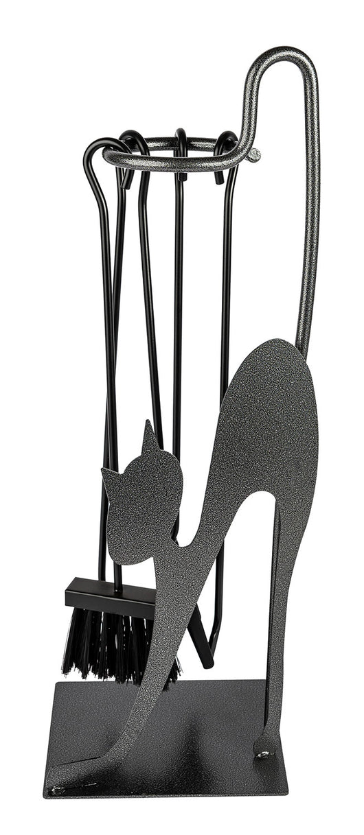 Trespolo per Attrezzi Camino Rettangolare Sagoma Gatto con Paletta Scopino Attizzino e Pinza 28x19x66 cm in Ferro