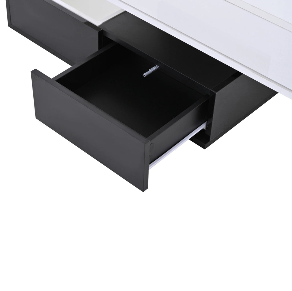Tavolino da caffè 70x70x40 cm girevole 360°; sollevabile; 3 cassetti in truciolato bianco e nero