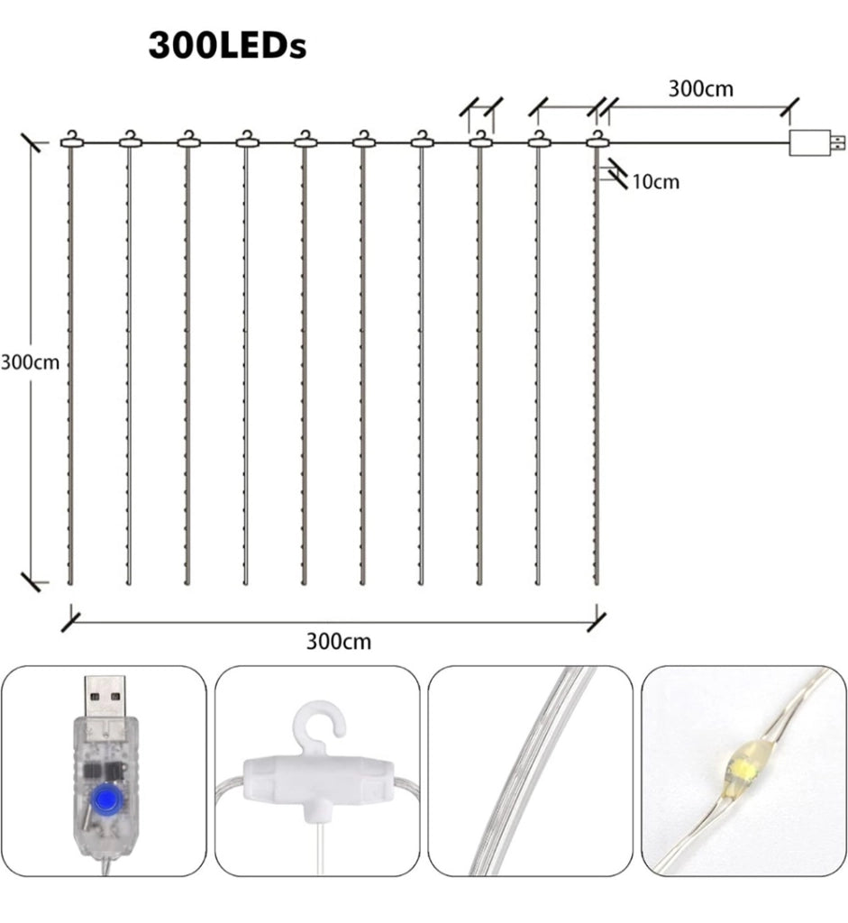 Tenda luminosa a LED luci di Natale 3x3 mt con attacco USB telecomando 8 giochi Luce bianca fredda
