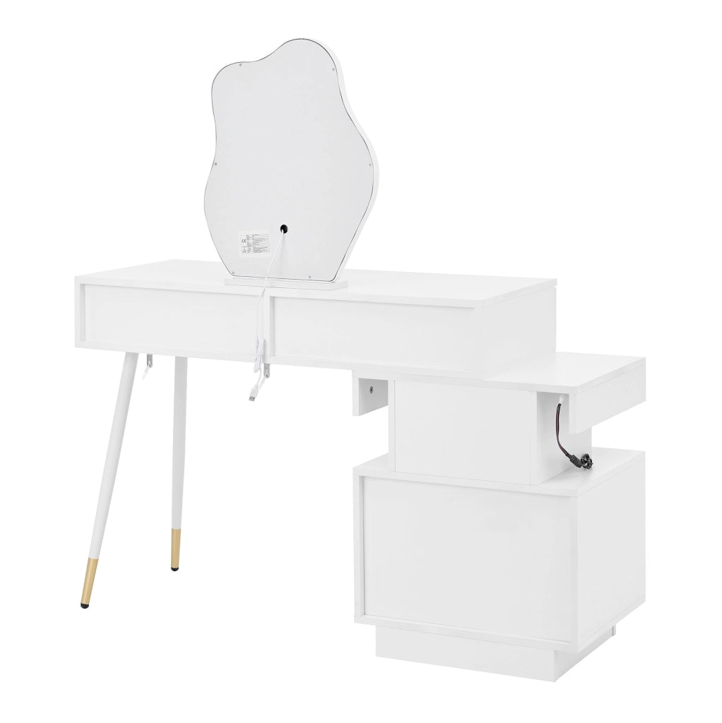 Toeletta bianca con specchio LED, 4 cassetti e mobile laterale