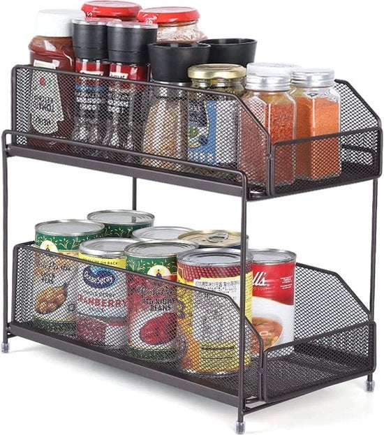 Cassettiera da cucina con 2 cassetti estensibili, ripiani, armadio da cucina, organizzatore, cassettiera per lavastoviglie, gruccia, appoggio per manubri in legno scuro
