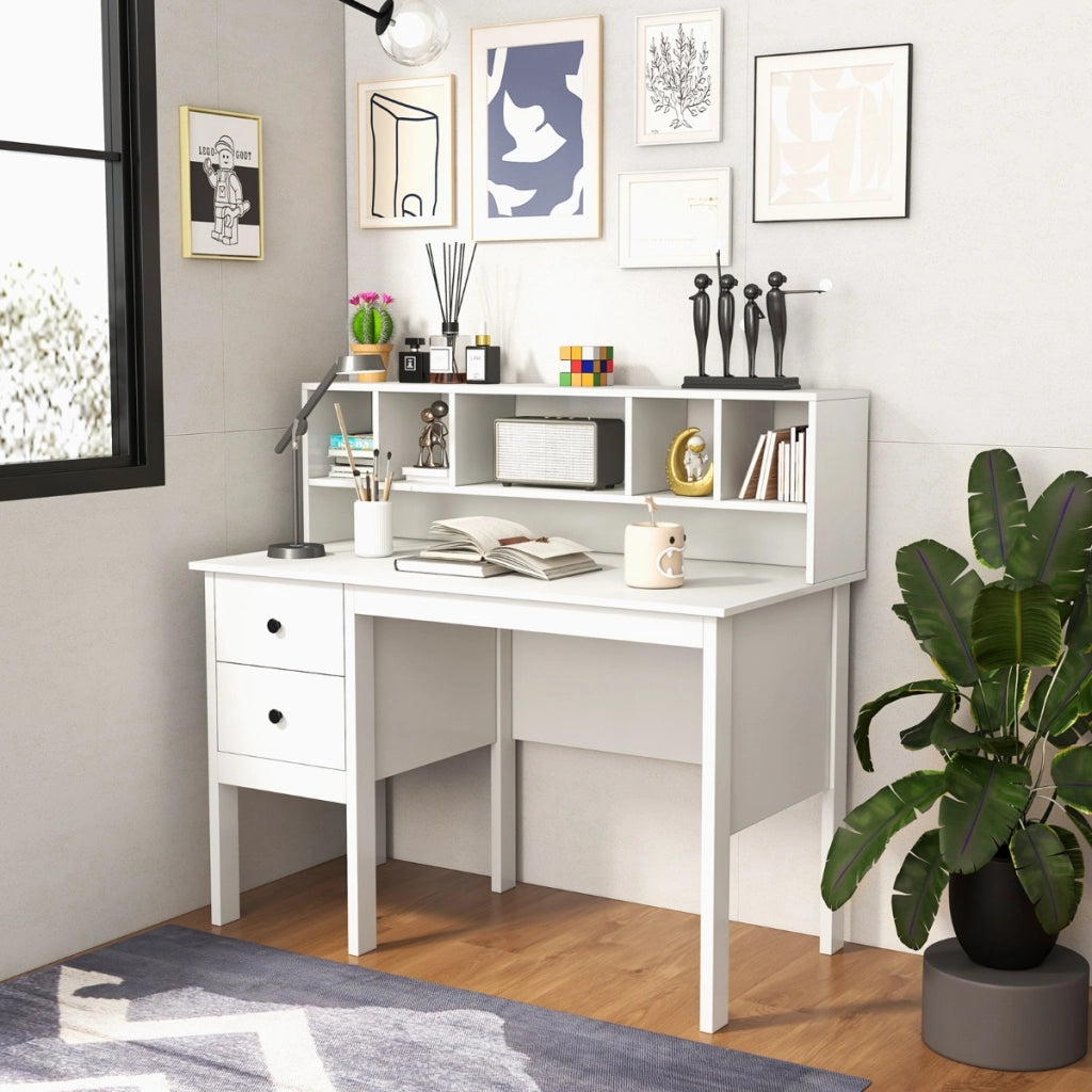 Scrivania per computer con prese elettriche, Scrivania da 120cm con 5 vani e 2 cassetti porte USB Bianco