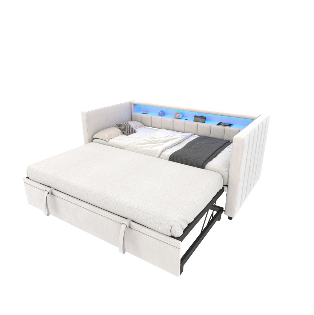 Divano letto estraibile 90x190 cm beige in velluto con LED
