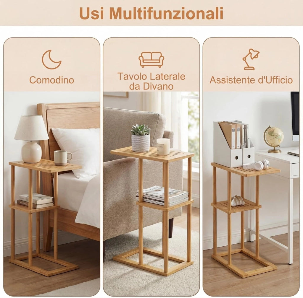 Set di 2 Tavolini a Forma di C, Tavolini Bassi in Bambù con Ripiani Portaoggetti, Tavolo Laterale da Divano per Piccoli Spazi, per Soggiorno, Camera da Letto, 40 X 28 X 65 CM (Modelli 1, 2)