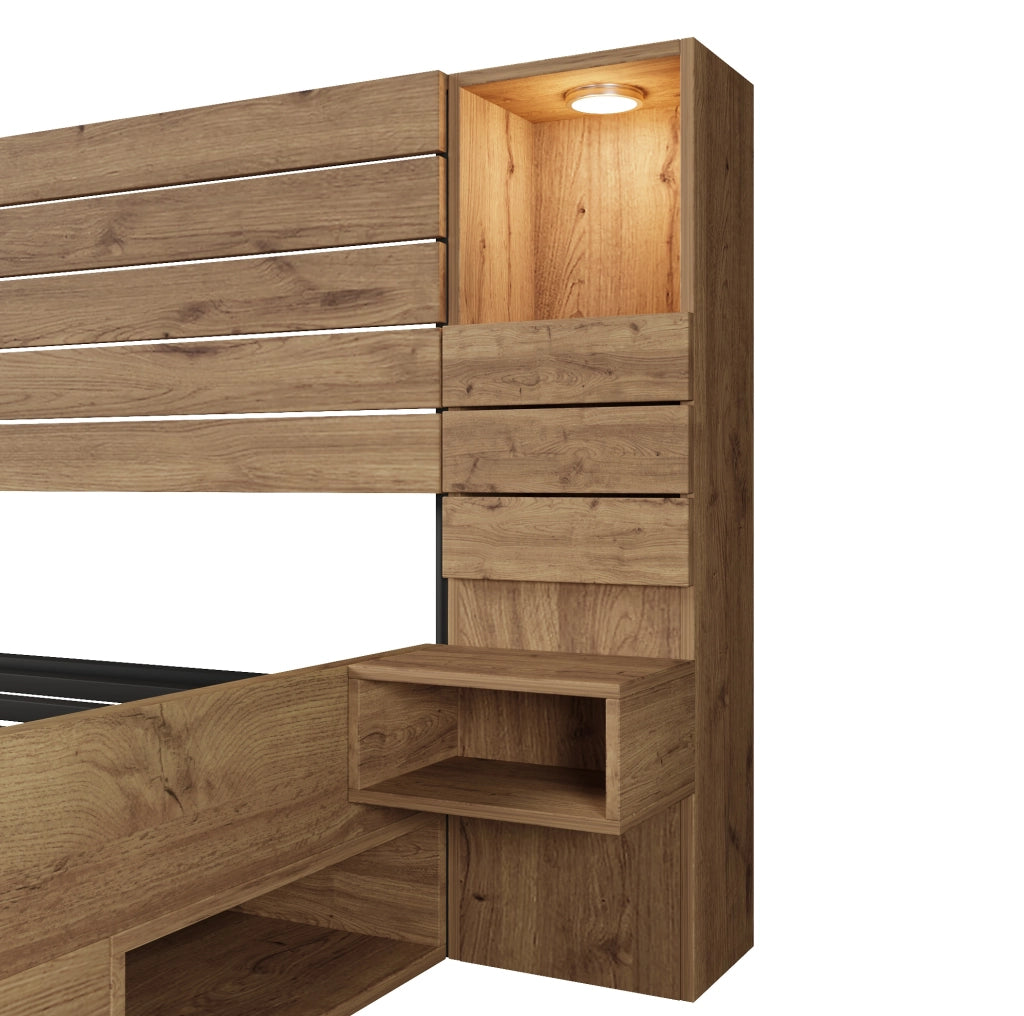 Letto matrimoniale 180x200 cm in MDF e metallo con faretti; USB Type-C; cassetti e comodini sospesi; rovere