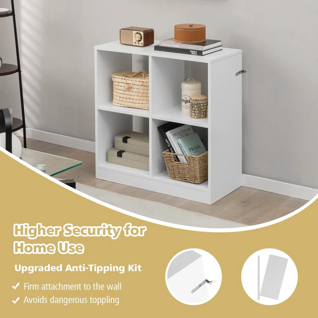 Libreria a 4 Cubi, Libreria Aperta a Pavimento Con 2 Kit Antiribaltamento, Scaffale Moderno, Scaffale Espositivo Per Soggiorno, Studio, Bianco，73x33x73 cm