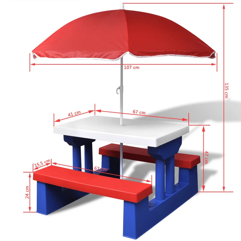 Tavolo e Panchine Picnic per Bambini con Parasole Multicolore 41455