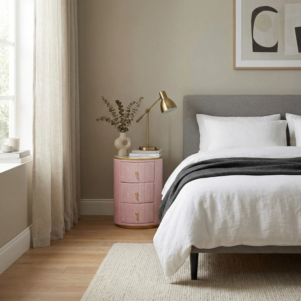 Tavolino da Comodino con 3 Cassetti ¨C MINIMAL ¨C Velluto Rosa, Piano in Marmo, Gambe Oro