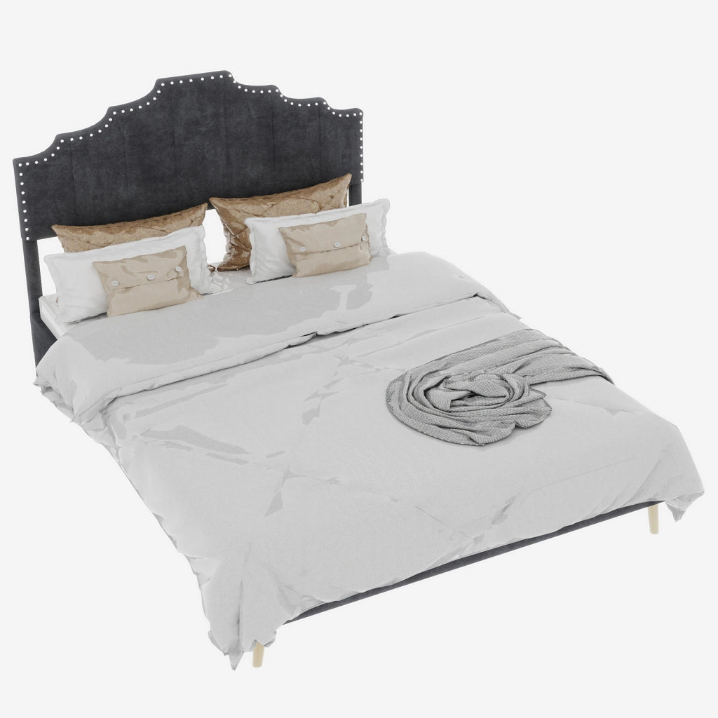 Letto 160x200 cm con Testiera Geometrica; Struttura in Tessuto e Metallo; Grigio