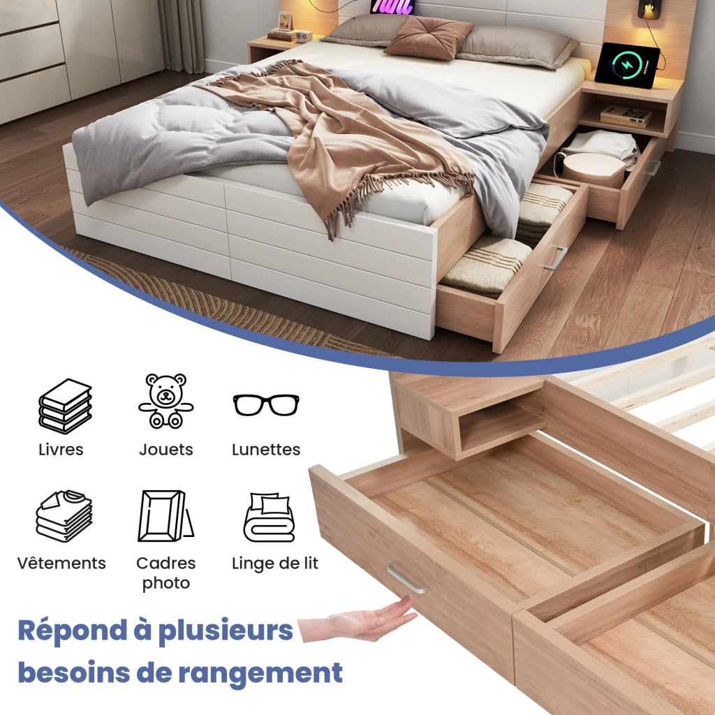 Letto con Cassetti Letto Matrimoniale; 2 Cassetti; USB e Lampada da Lettura; 160×200 cm; senza Materasso; Bianco e Rovere Chiaro