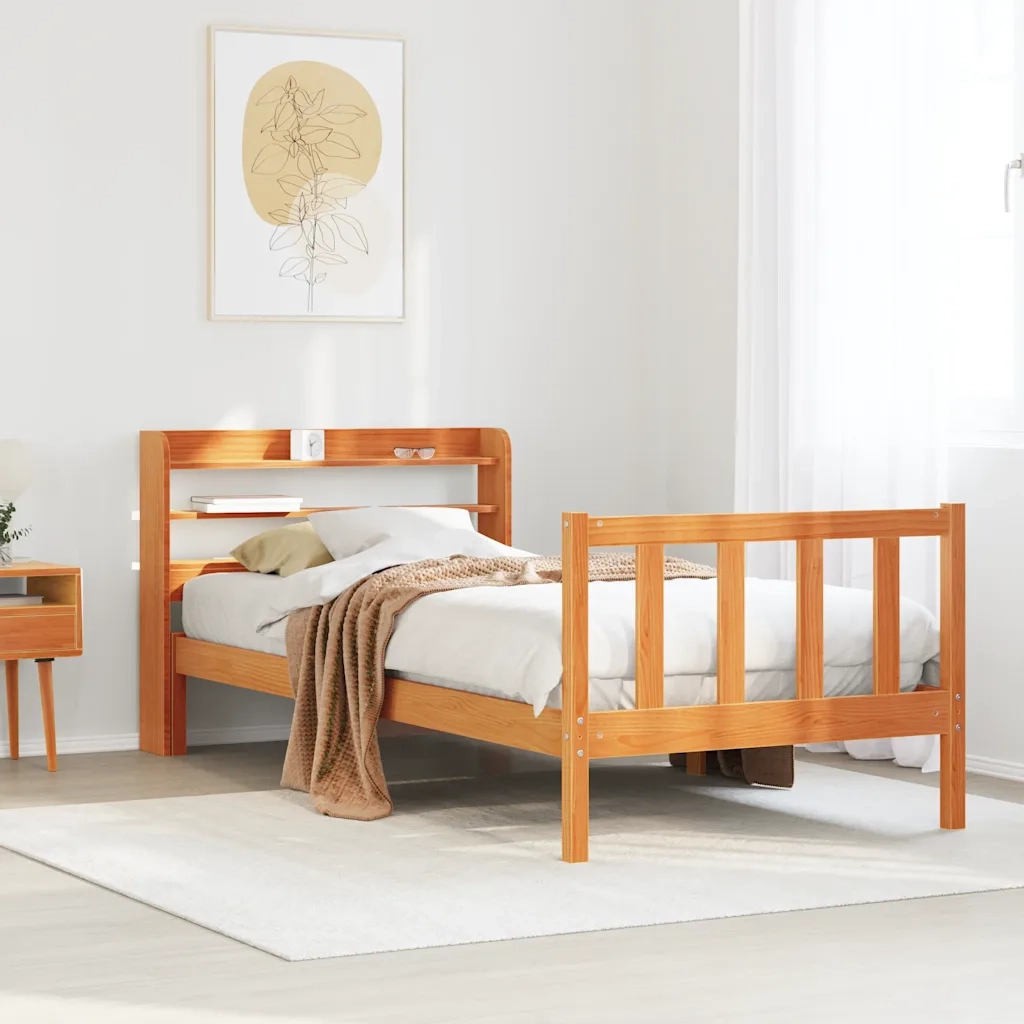 Giroletto con Testiera-Struttura Letto con testiera Marrone Cera 75x190 cm Massello Pino 758215