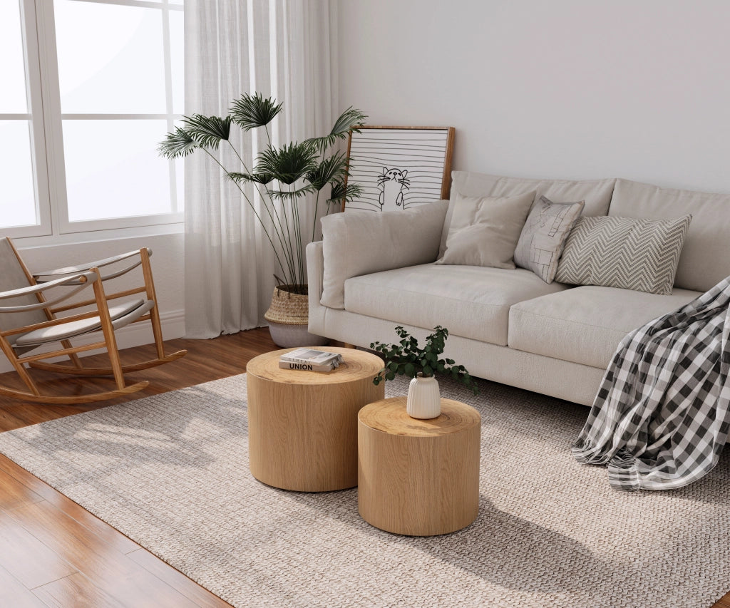 Tavolini bassi impilabili set da 2 con piano effetto anello naturale, per soggiorno, in legno e MDF, stile moderno