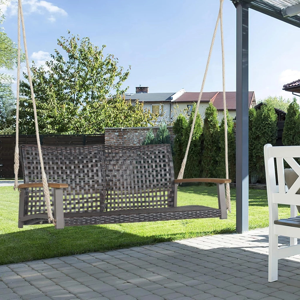 Panca sospesa in rattan per 2 persone, altalena da giardino sospesa, sedia a dondolo con ringhiera in legno di acacia, dondolo Hollywood fino a 360 kg, per balcone, giardino, terrazza