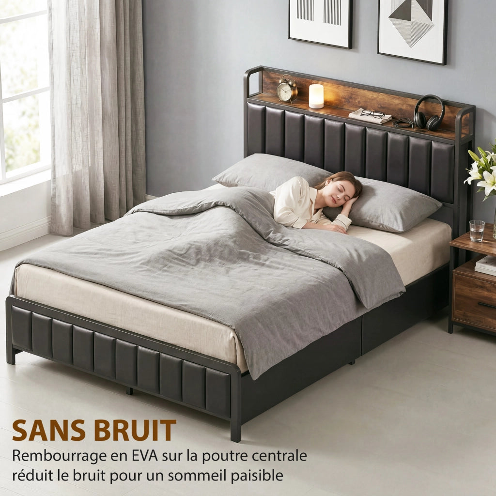 Letto matrimoniale imbottito con contenitore e rete a doghe ¨C zephmum ¨C nero 140x190