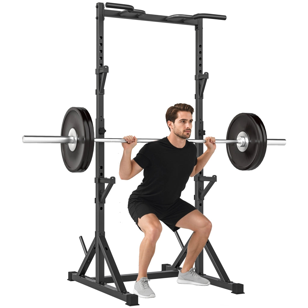 Squat Rack Regolabile con Doppio Supporto, Portadischi e Barra Trazioni, in Acciaio, 112-100x201-217 cm, Nero