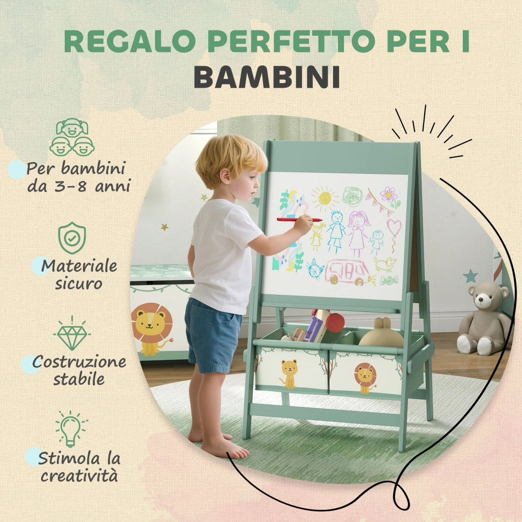 Lavagna per Bambini 3 in 1 54x46x94 cm con Cavalletto Rotolo di Carta e 2 Cestelli in Legno Verde