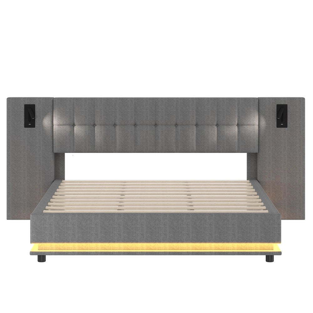 Letto Imbottito Matrimoniale con LED e USB ¨C MINIMAL ¨C Tessuto Grigio 180x200