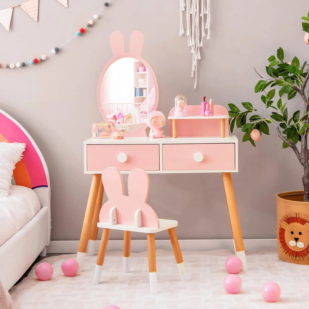 Toeletta Trucco 2 in 1 per Bambina, Specchiera a Forma di Coniglio Staccabile per Ragazza in Legno con Sgabello, Ripiano e 2 Cassetti, Postazione Trucco, 78 x 37 x 110cm (Rosa)