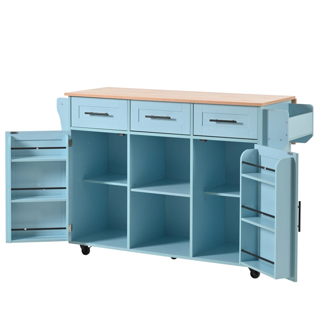 Isola da Cucina Mobile 139x46/71x91;5 cm Blu con Piano Ribaltabile; 3 Cassetti; Ruote e Gambe in Legno