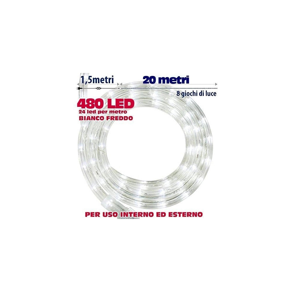 Trade Shop - Tubo Luminoso Natalizio 20 Mt Led Bianco Freddo Controller 8 Funzioni X Esterno -