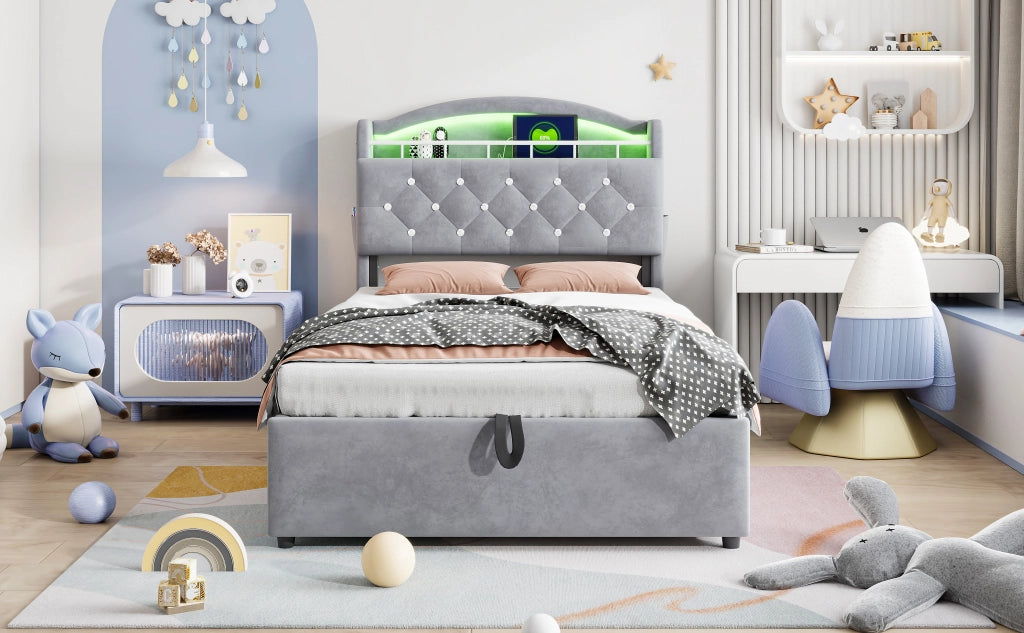Letto imbottito per bambini con contenitore a gas; LED; 3 porte USB e Tipo-C; velluto grigio; 90x200 cm; senza materasso