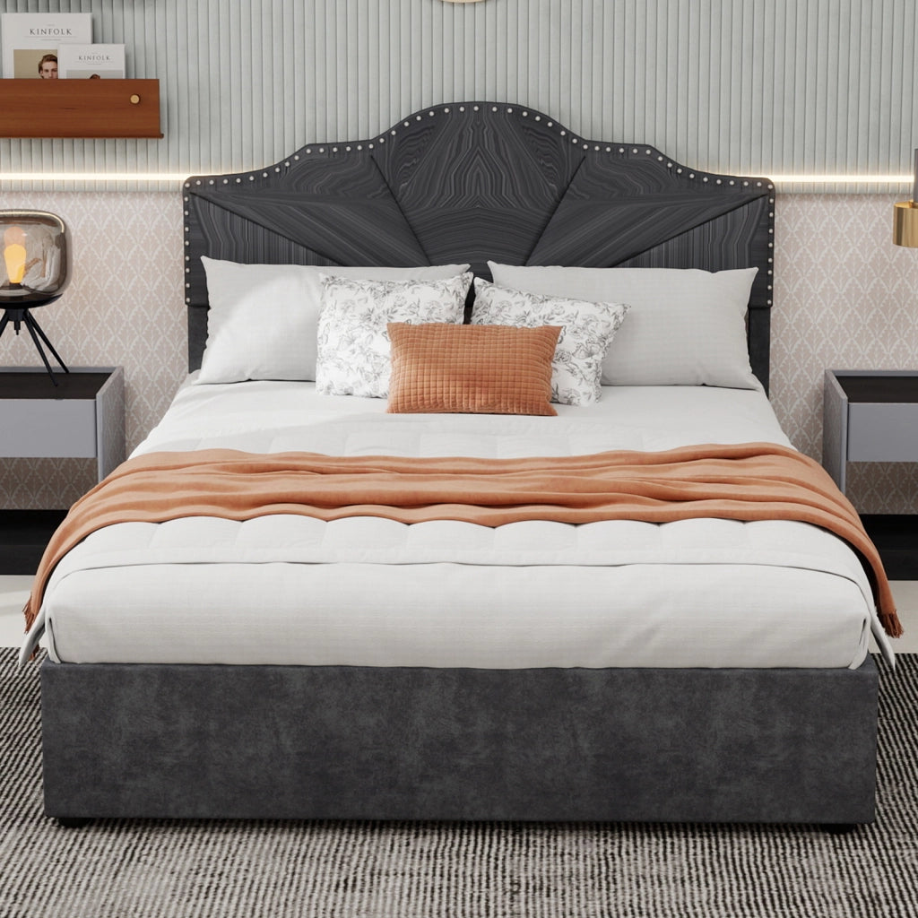 Letto Contenitore 160 x 200 cm con Testiera Geometrica e Rete a Doghe in Grigio