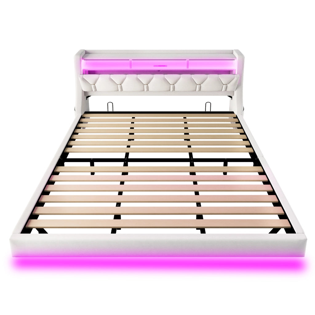 Letto imbottito 180x200 cm con testiera ribaltabile; presa USB e Type-C; LED; velluto beige