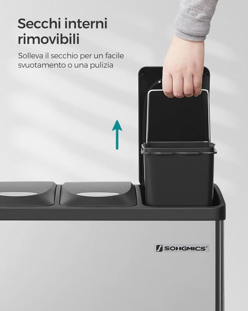SONGMICS Cestino per Rifiuti da Cucina, 3 x 8 L Pattumiera Differenziata Piccolo Volume, Cestino Triplo in Acciaio, Pedali e Secchi Interni, Facile da Pulire, Argento e Nero LTB24L