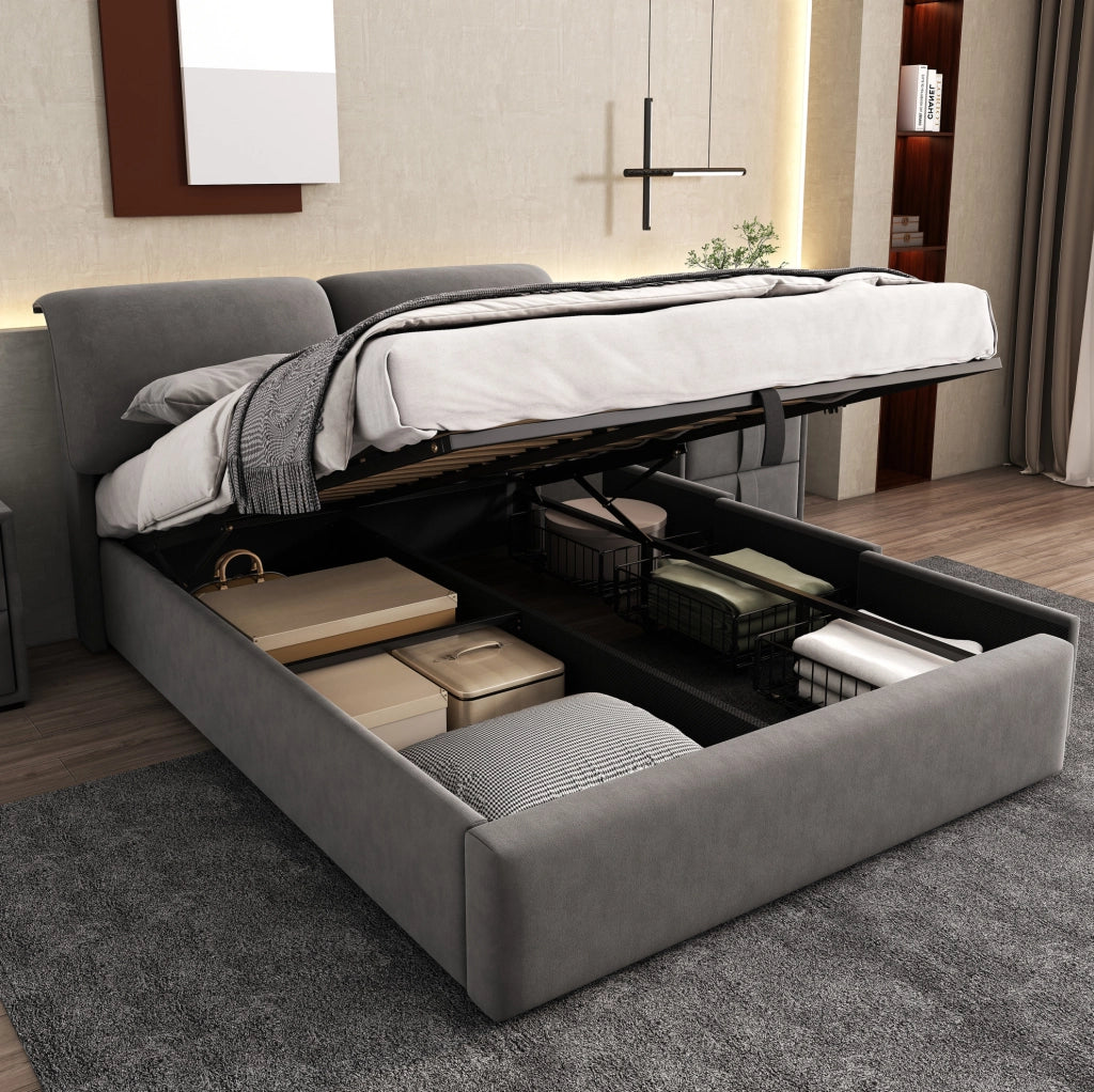 Letto imbottito in velluto grigio 140 x 200 cm con contenitore e cassetti