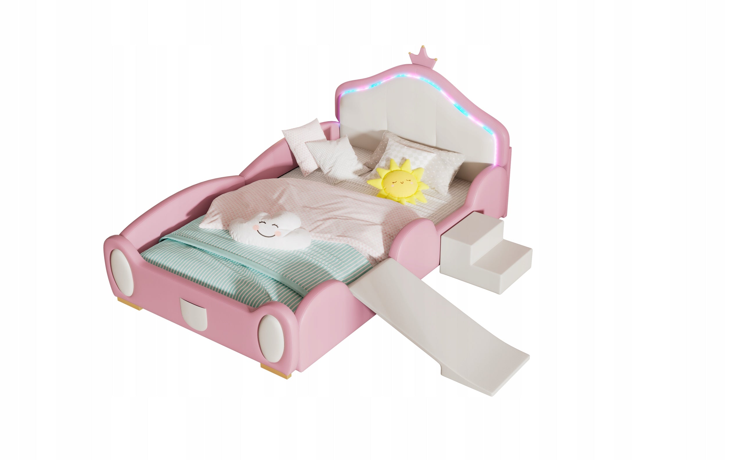 Letto a castello con scivolo LED - Xylo - 90x200cm - Rosa+Beige