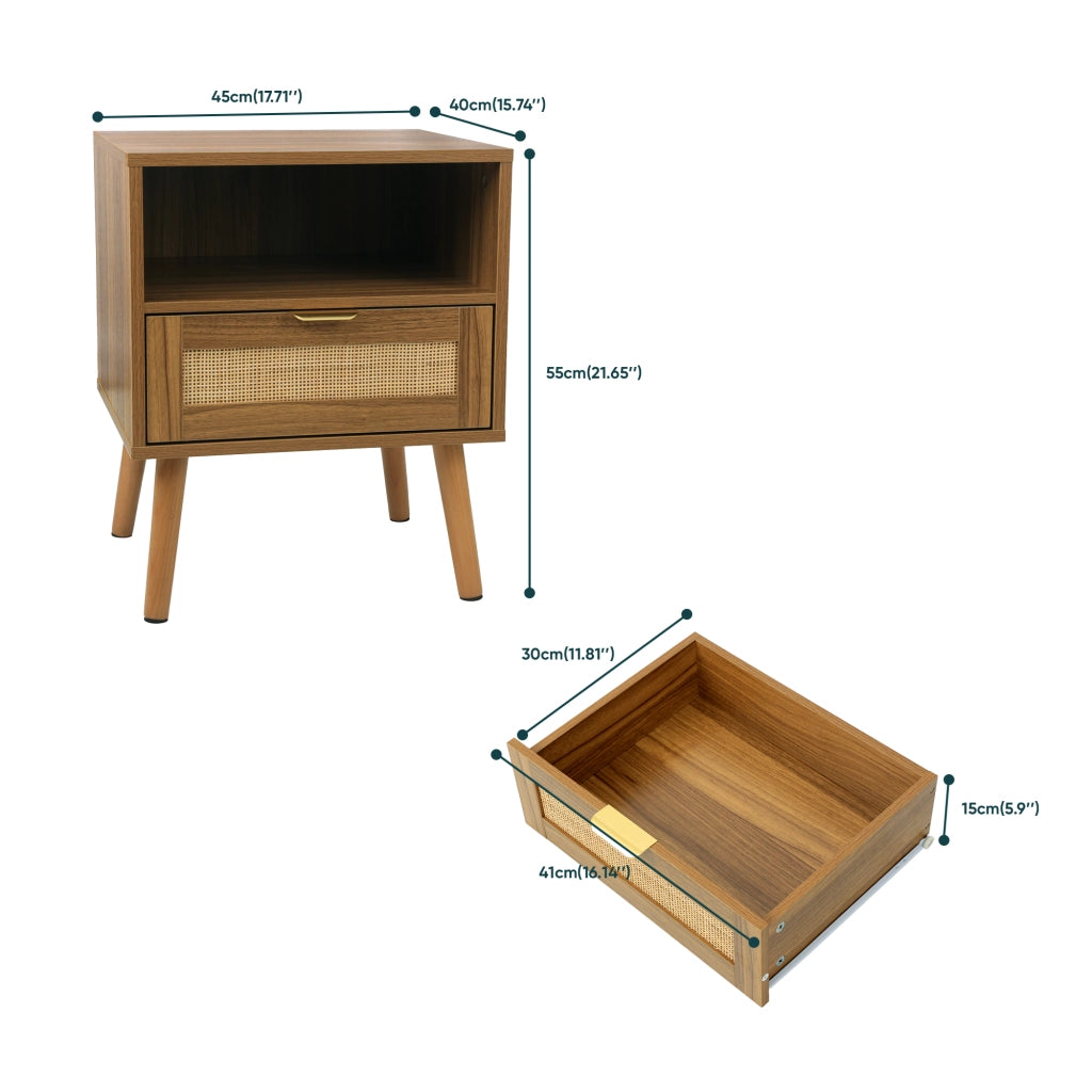Comodino in rattan con 1 cassetto e vano aperto, stile boho, finitura noce, per camera da letto, 45 × 40 × 55 cm