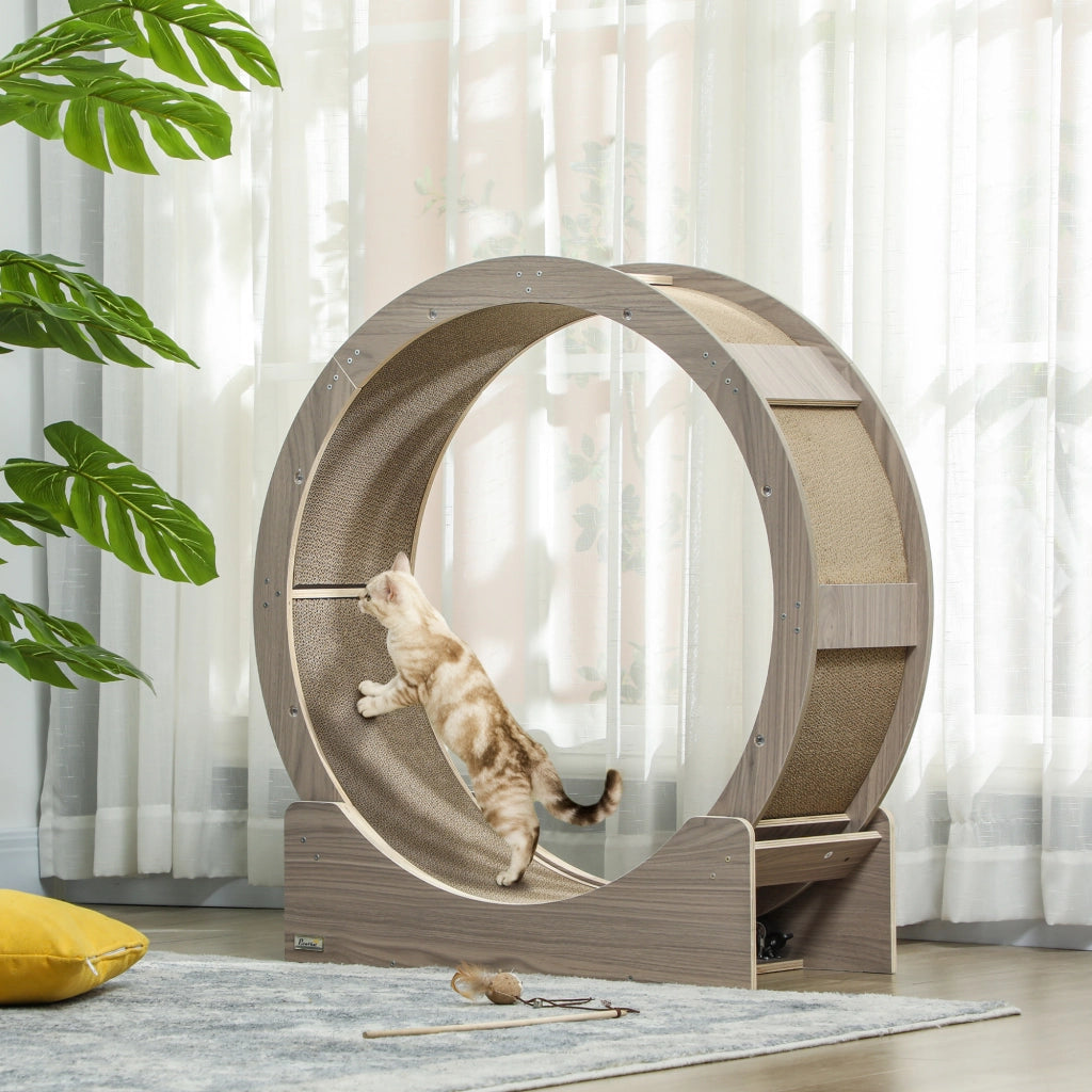 Ruota per gatti 91 cm con freno, tappetino tiragraffi, legno colore noce