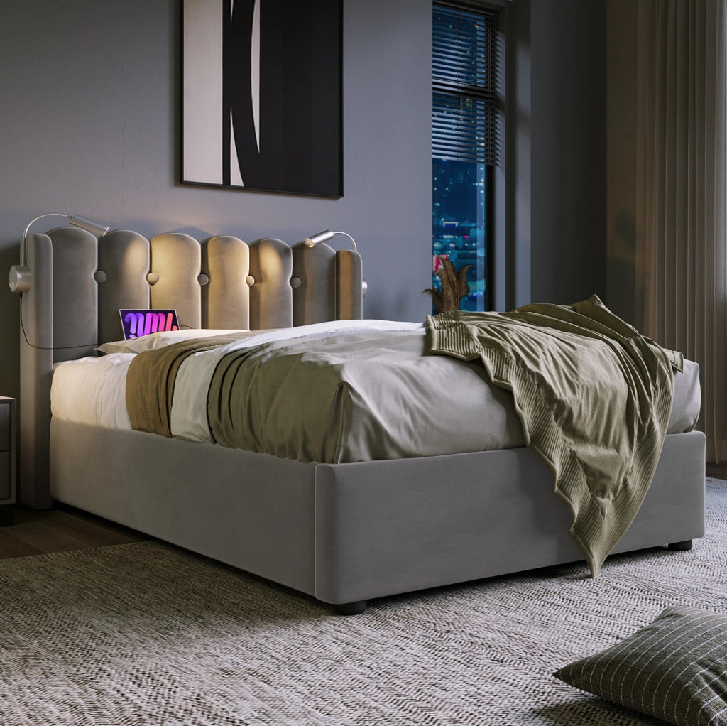 Letto singolo 90x200 cm in velluto grigio con luce da lettura; USB e contenitore