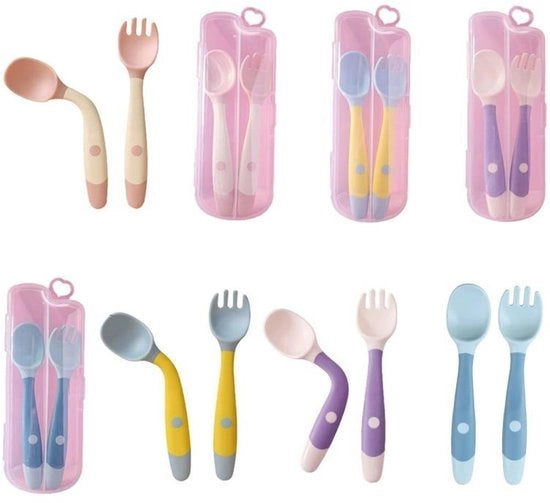 Set di cucchiaio e forchetta per neonati, cucchiaio e forchetta in silicone morbido e flessibile, servizio per neonati - azzurro