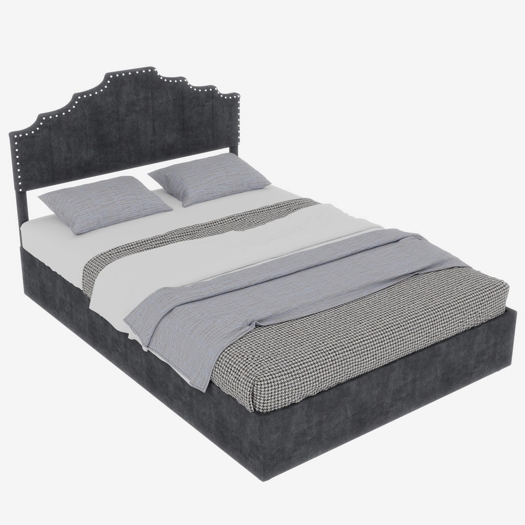 Letto Contenitore Matrimoniale 160x200 cm; con Testiera Geometrica in Tessuto; Grigio