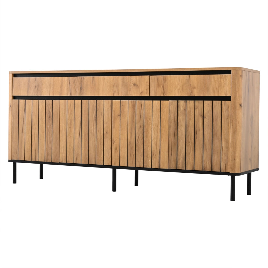 Sideboard moderno 160¡Á40¡Á73 cm in MDF con 3 cassetti e 3 ante a lamelle, 6 piedini in metallo, finitura effetto legno naturale, portata 30 kg