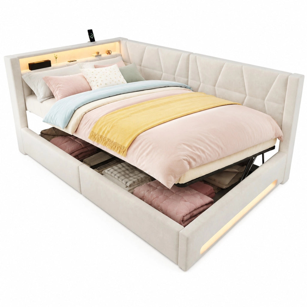 Letto imbottito 140x200 cm beige con contenitore, LED e USB
