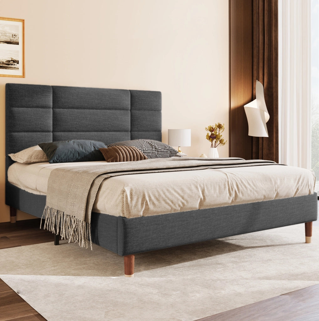 Letto matrimoniale imbottito 140x200 cm grigio con rete a doghe