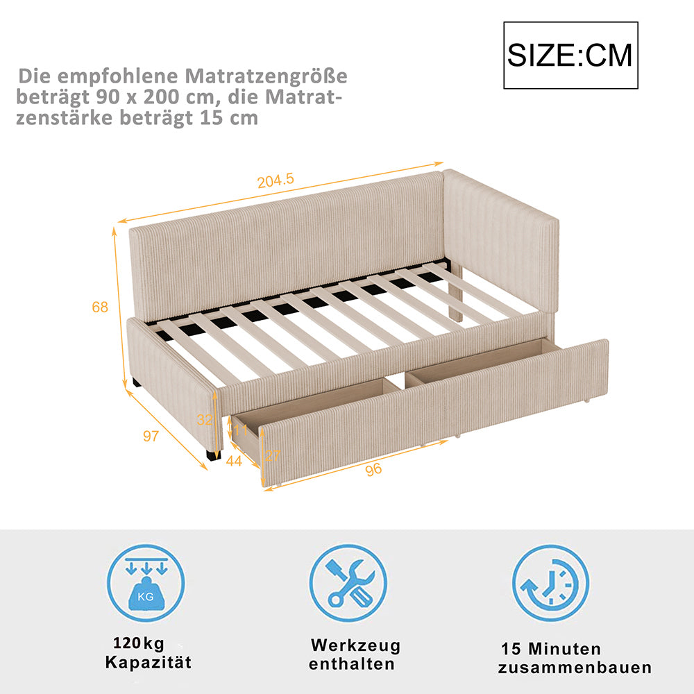 Letto a panca con 2 grandi cassetti - Xylo - 90x200 cm - Beige - Con rete a doghe