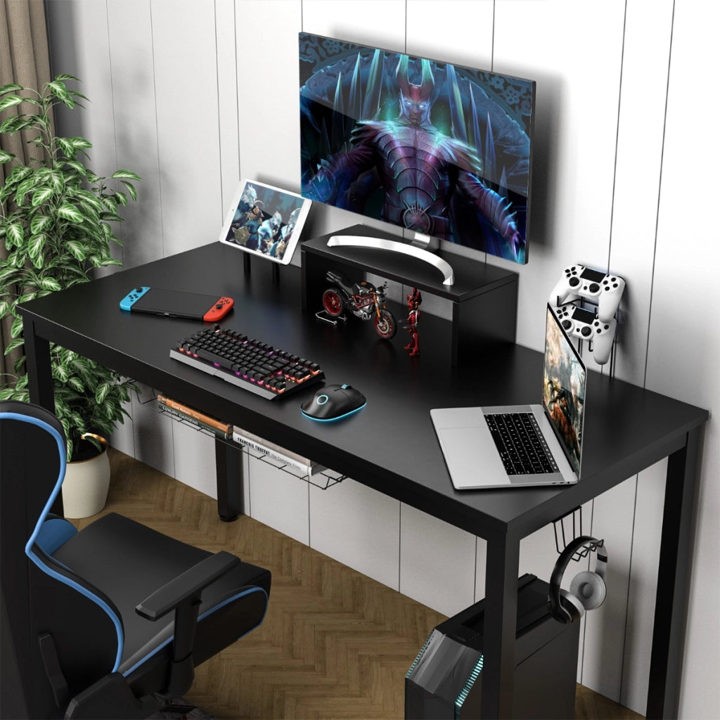 Scrivania da gioco con mensola per monitor portabicchieri gancio per cuffie cestino portaoggetti, Tavolo largo-Scrivanie
