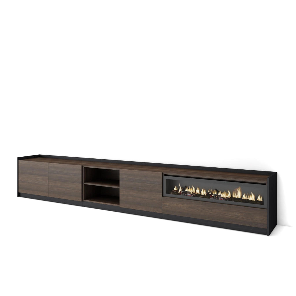 Mobile TV Soggiorno, 310x50x37 cm, Per TV fino a 80", Camino elettrico, Rovere scuro e Nero