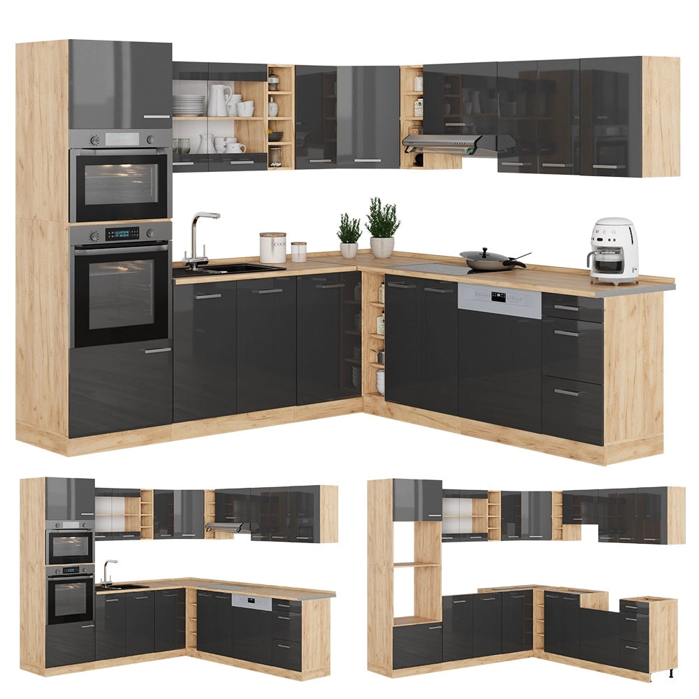 Cucina angolare completa R-Line Antracite lucido/Rovere dorato 247 x 237 cm, PL Antracite Vicco
