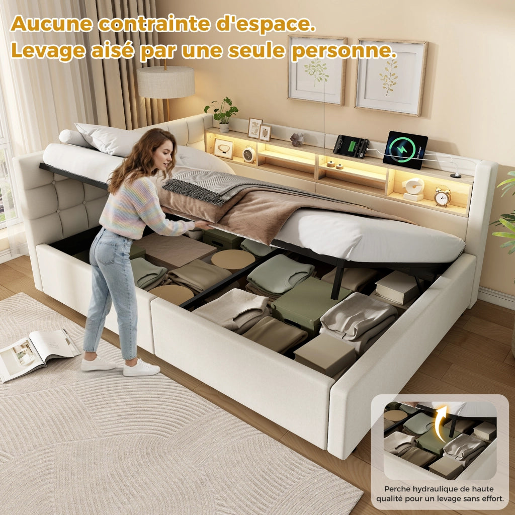 Letto matrimoniale contenitore 140x200 cm con sollevamento idraulico; LED; testiera con ripiano e USB; beige