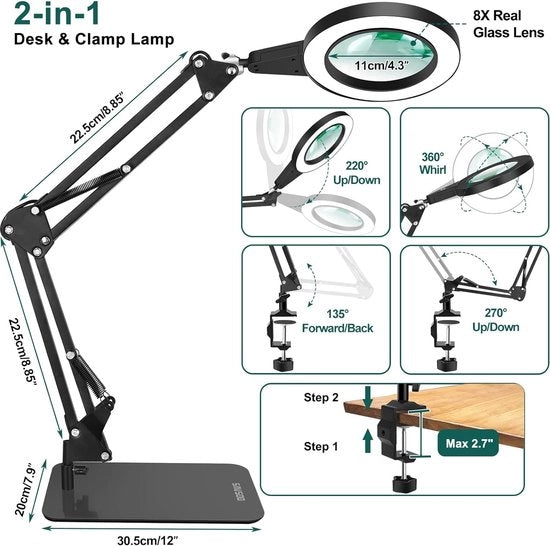 Vergrootglas con luce e base, Touch Control 2-in-1 lampada da scrivania, 3 modalità di colore, regolabile all'infinito, per Hobby Close Works.