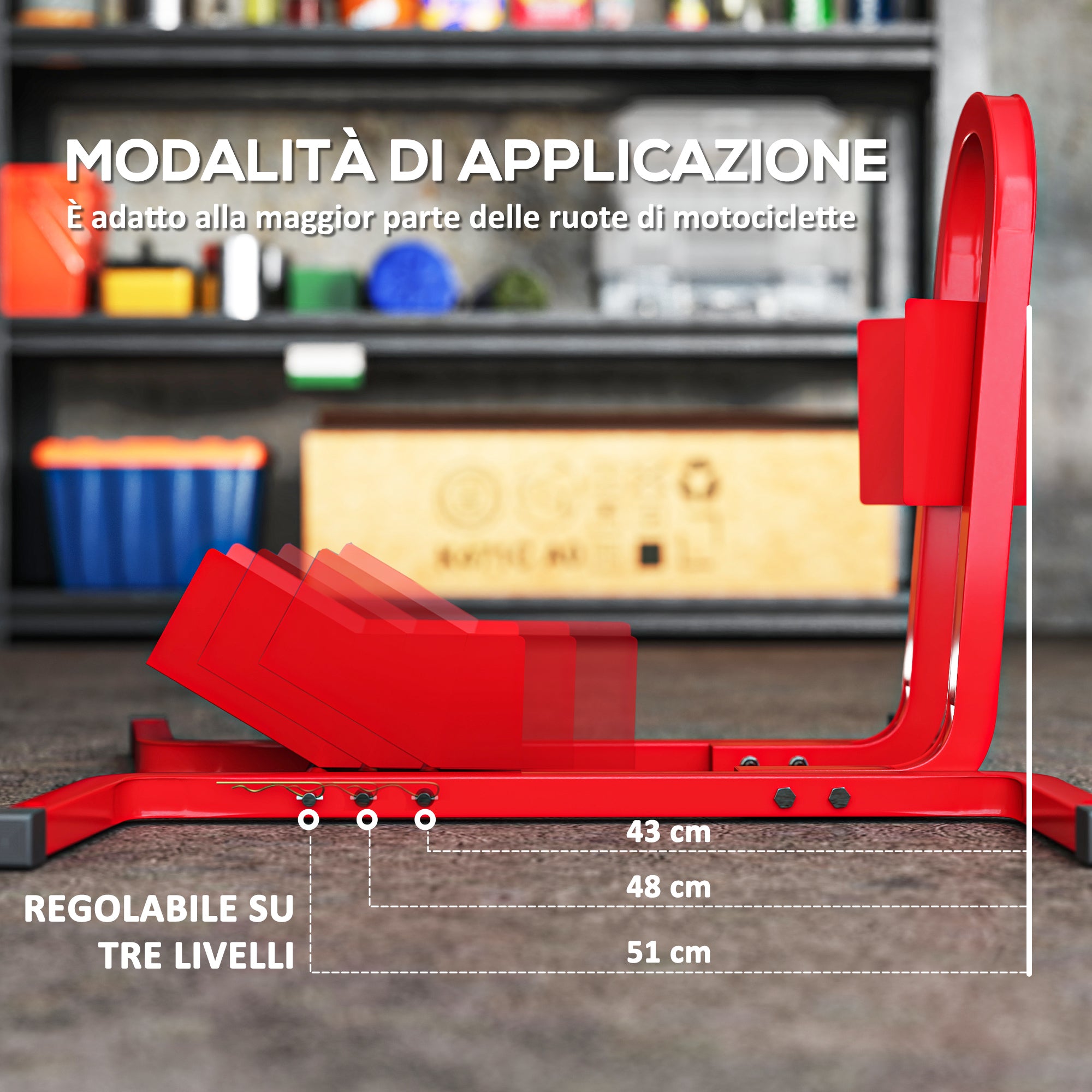 Blocca Ruota Moto 60x55x43 cm Regolabile su 3 Livelli da 250 kg max in Metallo Rosso