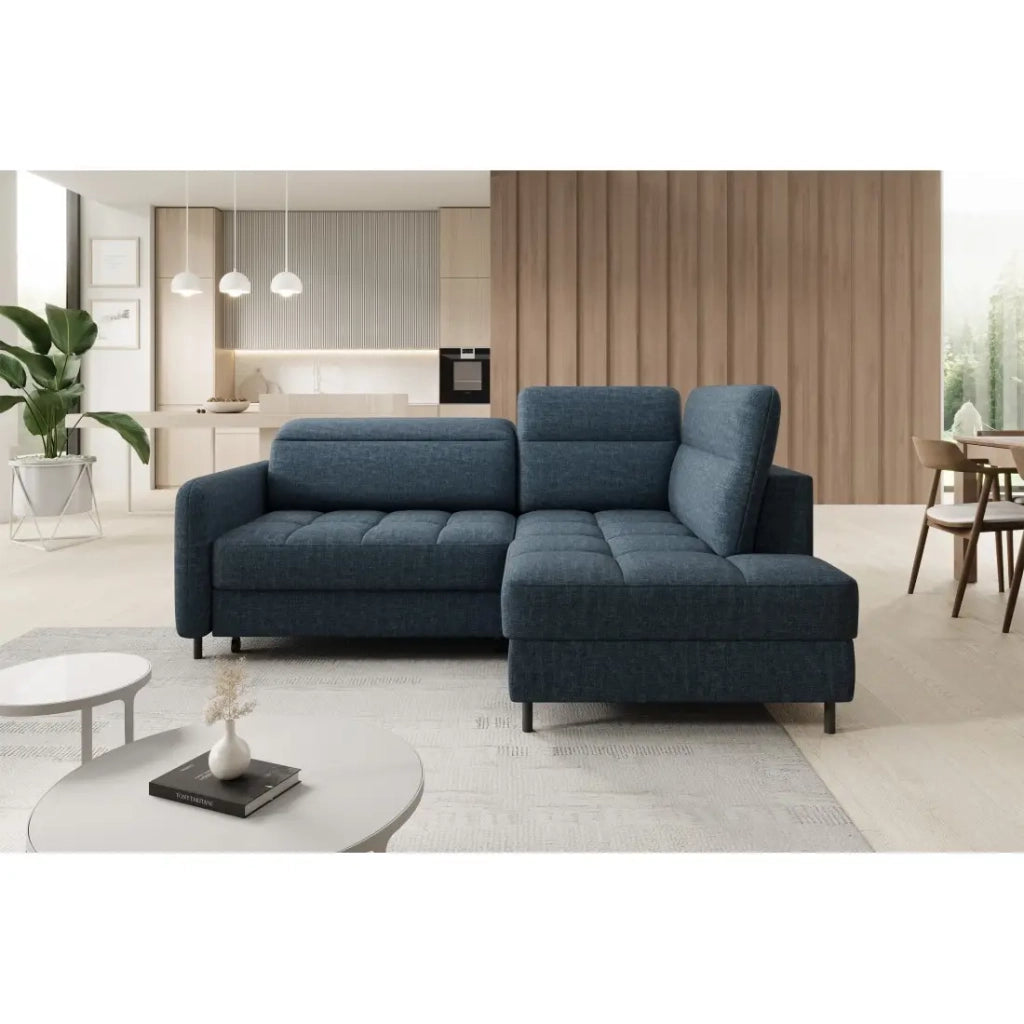 Divano angolare destro convertibile BARNEA 208 cm blu scuro con contenitore