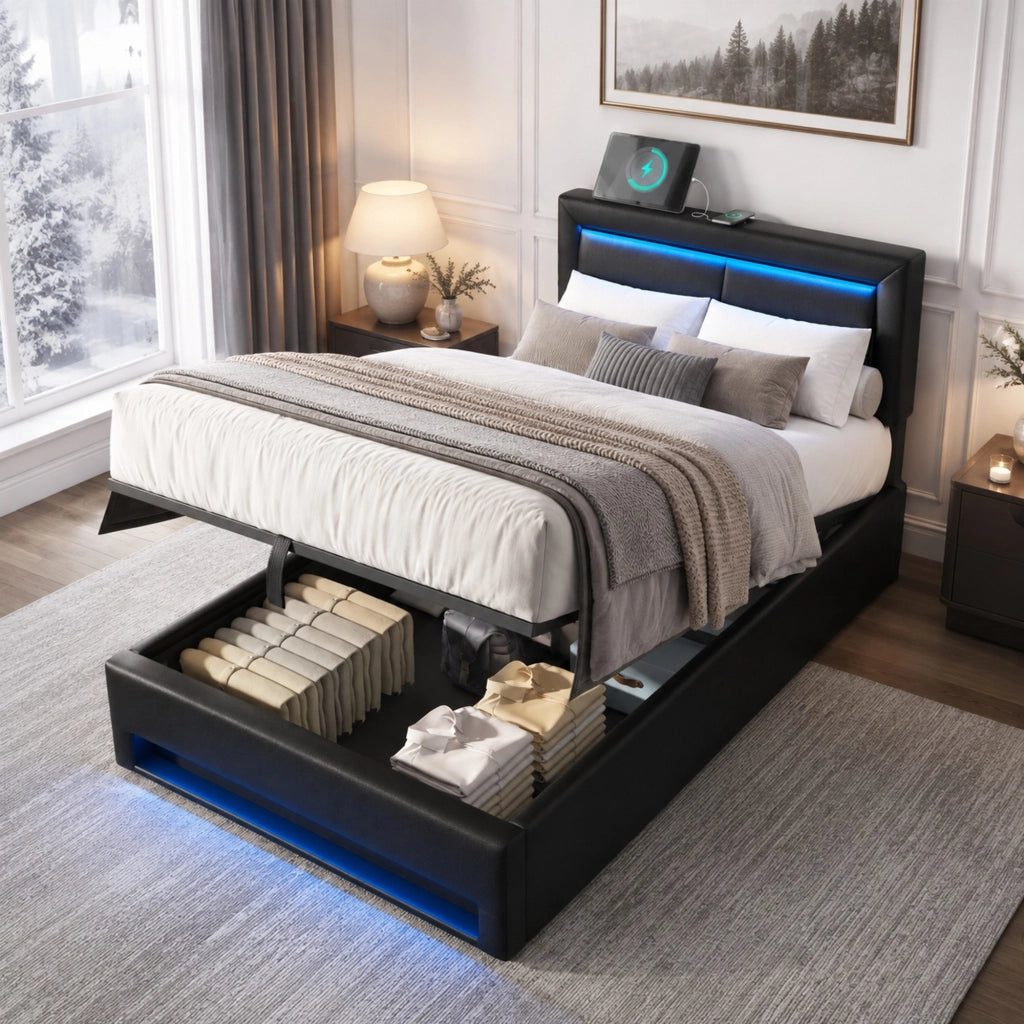 Letto imbottito 90 x 200 cm con USB, LED e vano contenitore nero