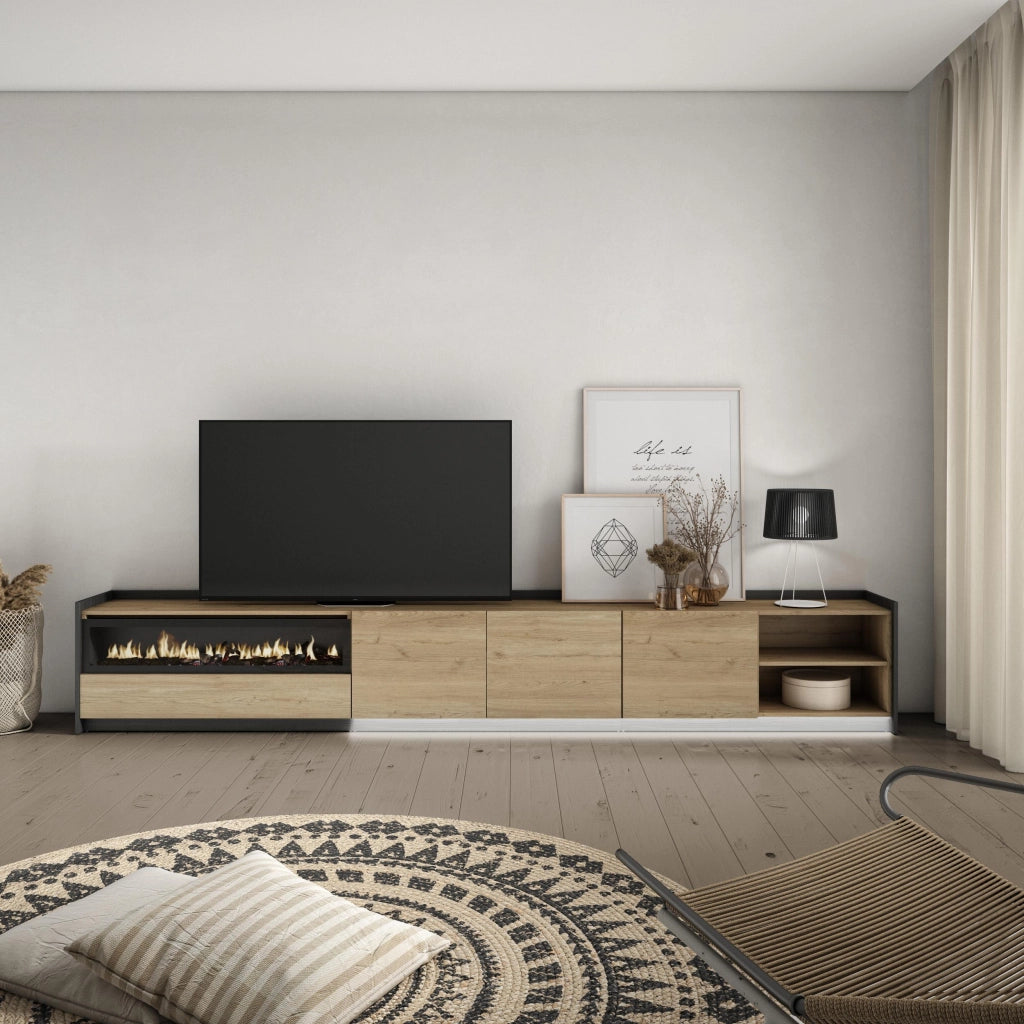 Mobile TV Soggiorno, 310x50x37 cm, Per TV fino a 80", Camino elettrico, LED, Rovere e nero