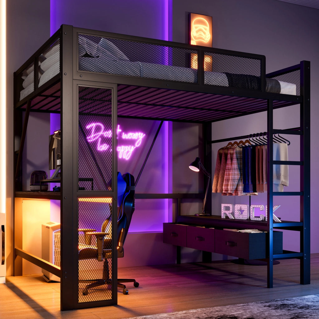 Letto a soppalco ULEVR 140x200 cm con scrivania, 3 cassetti, LED e scala, nero